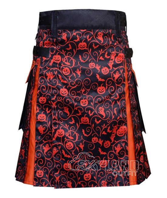 Orange Halloween Kilt | Cotton Sublimation Leather Strap Kilts