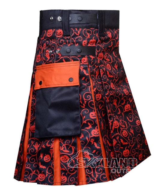 Orange Halloween Kilt | Cotton Sublimation Leather Strap Kilts