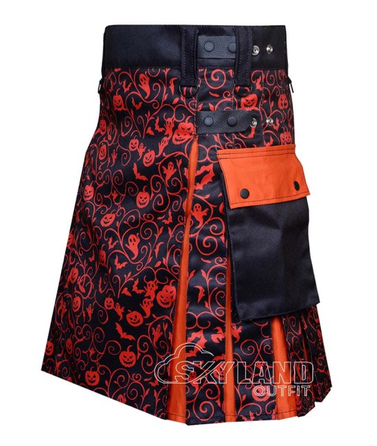 Orange Halloween Kilt | Cotton Sublimation Leather Strap Kilts