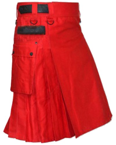 Red Cotton Utility Kilt | Modern Kilt with Adjustable Leather Straps