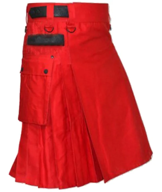 Red Utility Cotton Kilt with adjustable Leather Straps Red Utility Cotton Kilt with adjustable Leather Straps