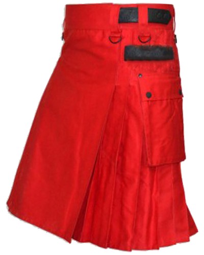 Red Cotton Utility Kilt | Modern Kilt with Adjustable Leather Straps Red Cotton Utility Kilt | Modern Kilt with Adjustable Leather Straps