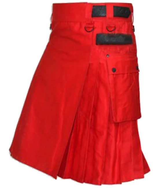Red Utility Cotton Kilt with adjustable Leather Straps Red Utility Cotton Kilt with adjustable Leather Straps