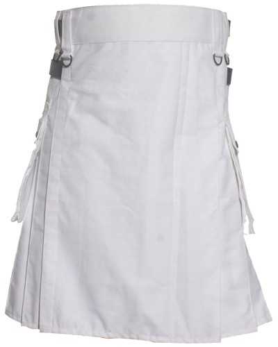 White Cotton Utility Kilt with Adjustable Leather Straps
