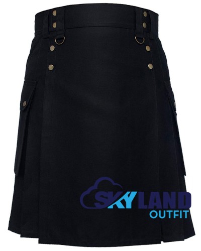 Black Cotton Utility Kilt | Six Pocket Modern Fashion Kilt for Men