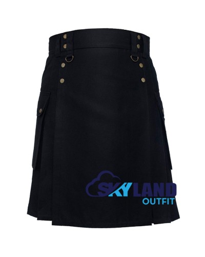 Black Cotton Utility Kilt | Six Pocket Modern Fashion Kilt for Men