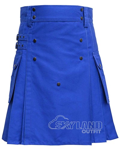 Blue Cotton Utility Kilt | Handmade Custom Fit Scottish Kilt
