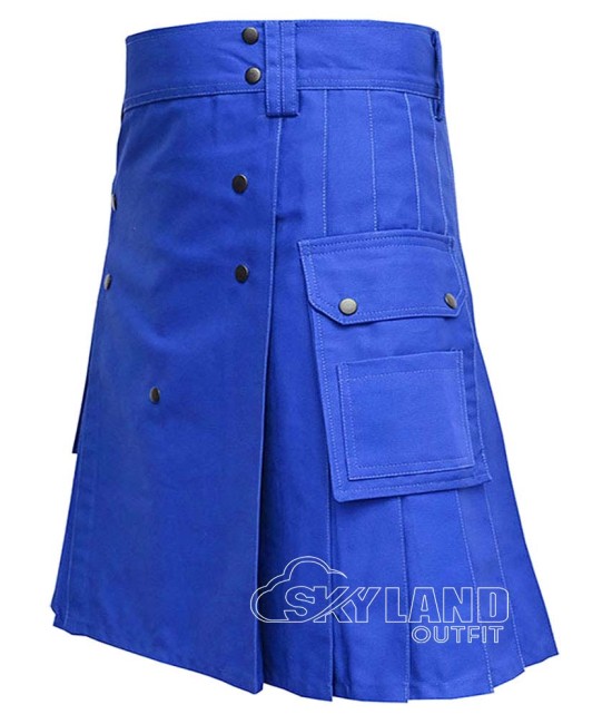 Blue Cotton Utility Kilt | Handmade Custom Fit Scottish Kilt