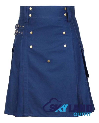 Navy Blue Cotton Kilt | Men’s Utility Kilt with Front Button 