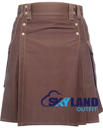 Brown Cotton Utility Kilt | Six Pocket Fashion Kilt for Men