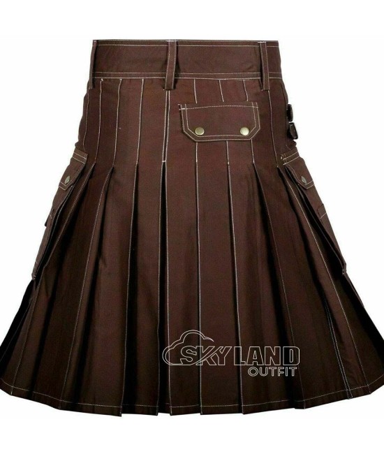 Brown Cotton Utility Kilt | Men's Front Button Scottish Kilt