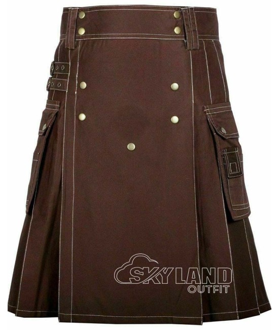 Brown Cotton Utility Kilt | Men's Front Button Scottish Kilt