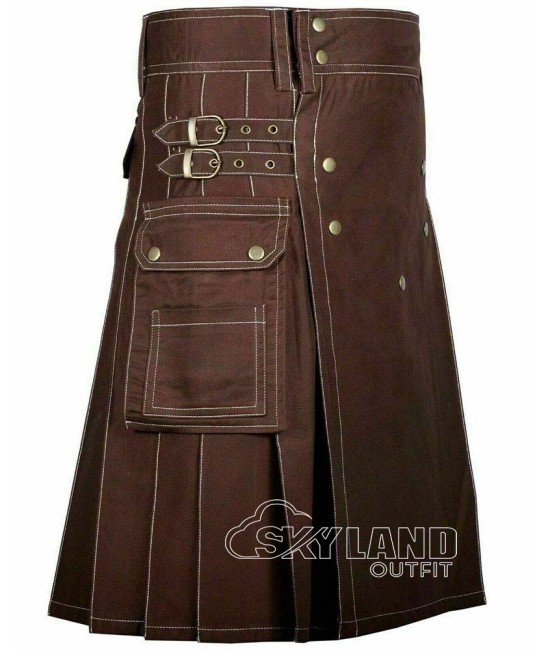 Brown Cotton Utility Kilt | Men's Front Button Scottish Kilt