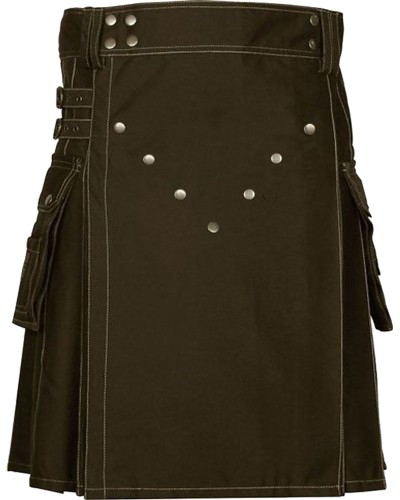 Brown Cotton Utility Kilt for Men | Front Button Kilt