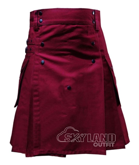 Burgundy Cotton Utility Kilt | Modern Fashion Kilts for Men