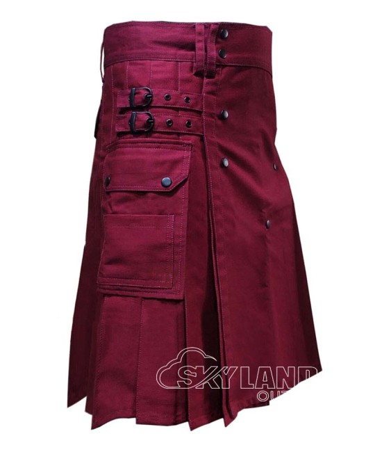 Burgundy Cotton Utility Kilt | Modern Fashion Kilts for Men
