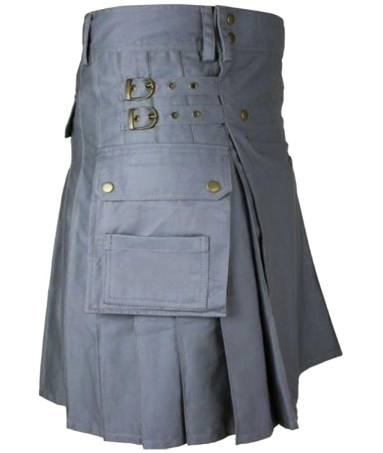 Men's Utility Gray Cotton Kilt with front Buttons