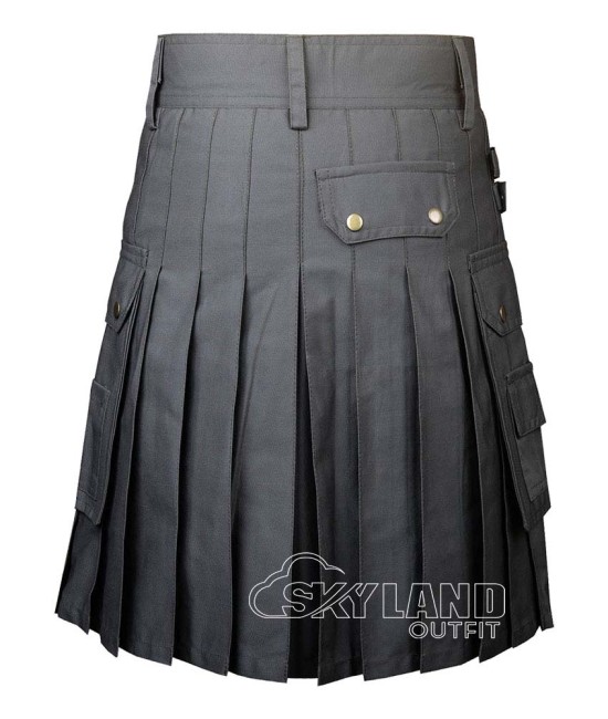Grey Cotton Utility Kilt | Men's Front Button Scottish Kilt