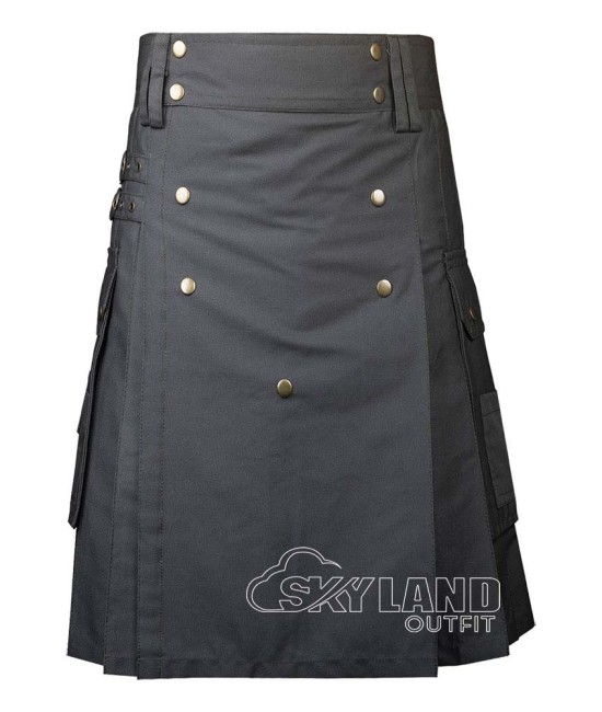 Grey Cotton Utility Kilt | Men's Front Button Scottish Kilt