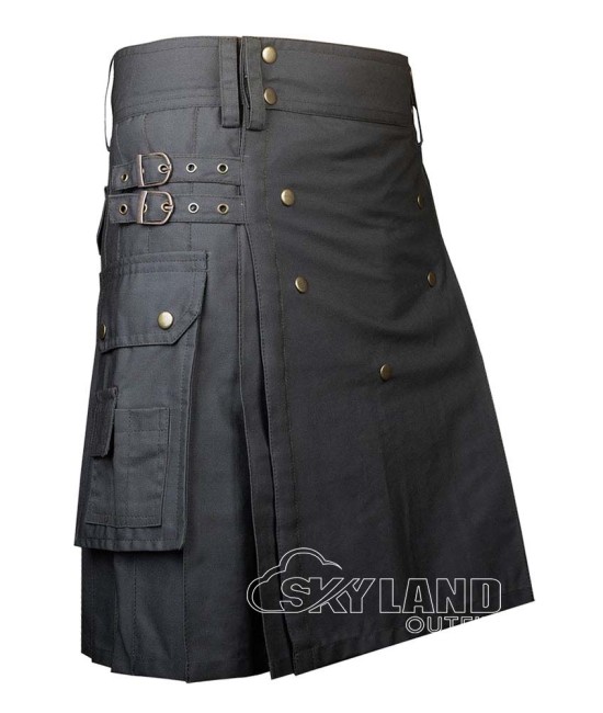 Grey Cotton Utility Kilt | Men's Front Button Scottish Kilt