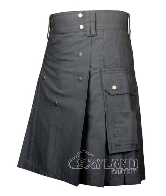 Grey Cotton Utility Kilt | Men's Front Button Scottish Kilt