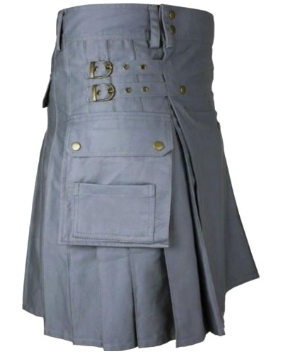 Grey Cotton Utility Kilt for Men | Front Button Kilt