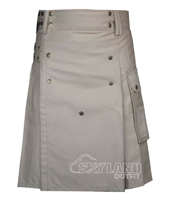 Khaki Cotton Utility Kilt | Men's Front Button Scottish Kilts