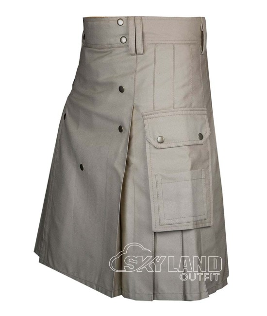 Khaki Cotton Utility Kilt | Men's Front Button Scottish Kilts