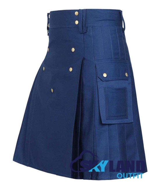 Men's Utility Navy Blue Cotton Kilt with front Buttons