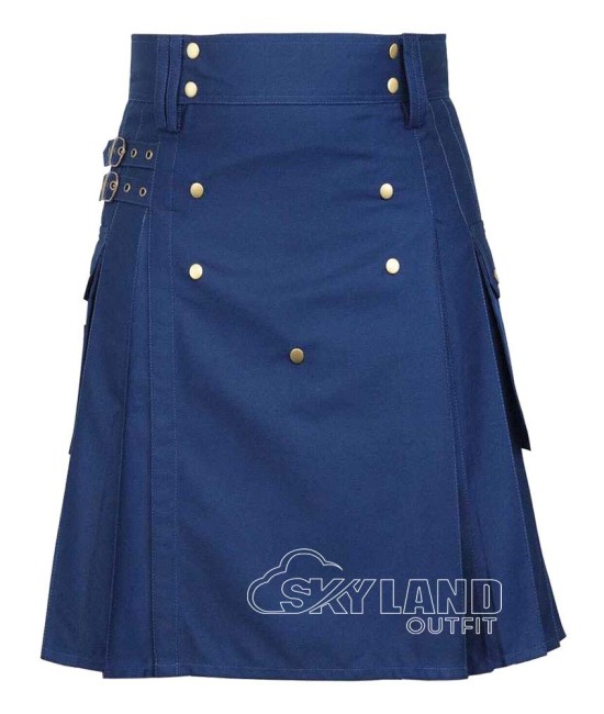 Navy Blue Cotton Kilt | Men’s Utility Kilt with Front Button 