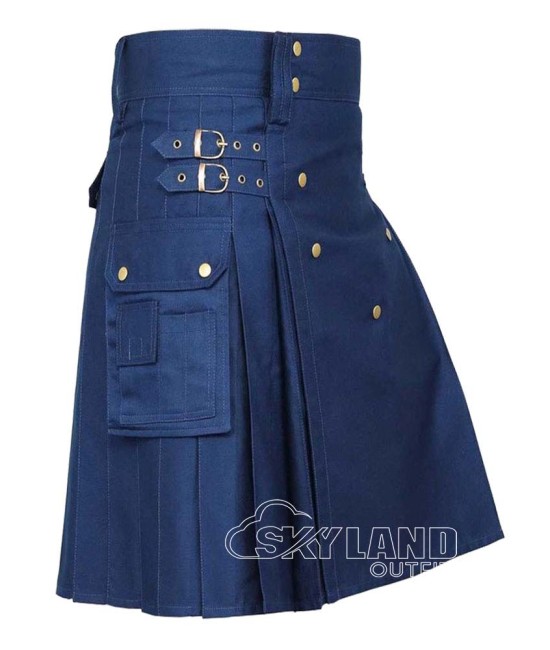 Navy Blue Cotton Kilt | Men’s Utility Kilt with Front Button 