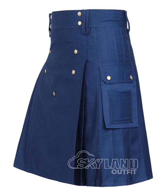 Navy Blue Cotton Kilt | Men’s Utility Kilt with Front Button 