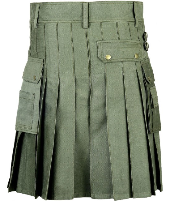 Men's Utility Olive Green Cotton Kilt with front Buttons