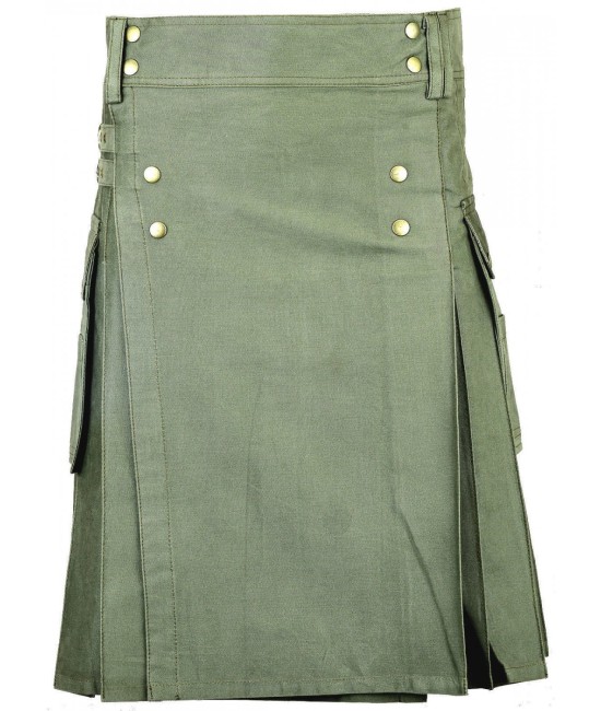 Men's Utility Olive Green Cotton Kilt with front Buttons
