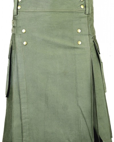 Olive Green Cotton Utility Kilt | Men’s Six Pockets Modern Kilt