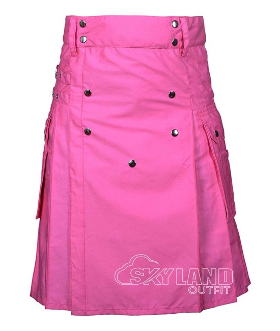 Pink Cotton Utility Kilt | Men's Front Button Scottish Kilt