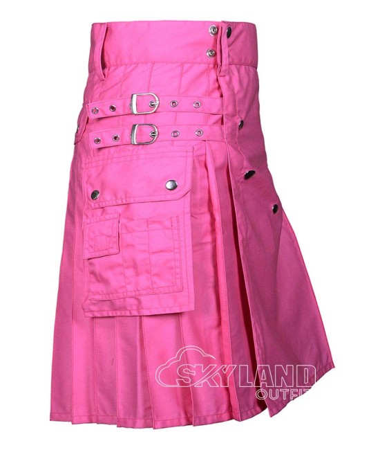 Pink Cotton Utility Kilt | Men's Front Button Scottish Kilt