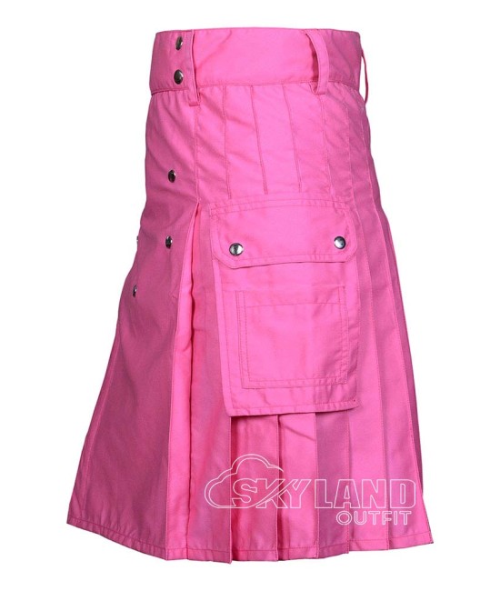 Pink Cotton Utility Kilt | Men's Front Button Scottish Kilt