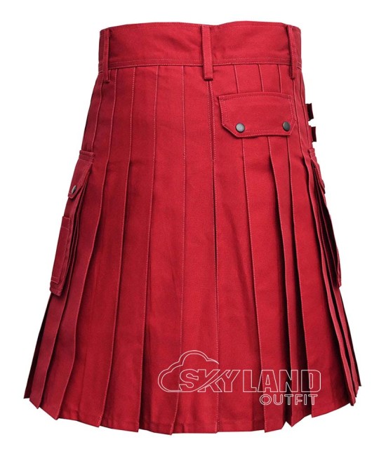 Red Cotton Utility Kilt | Men's Front Button Scottish Kilt