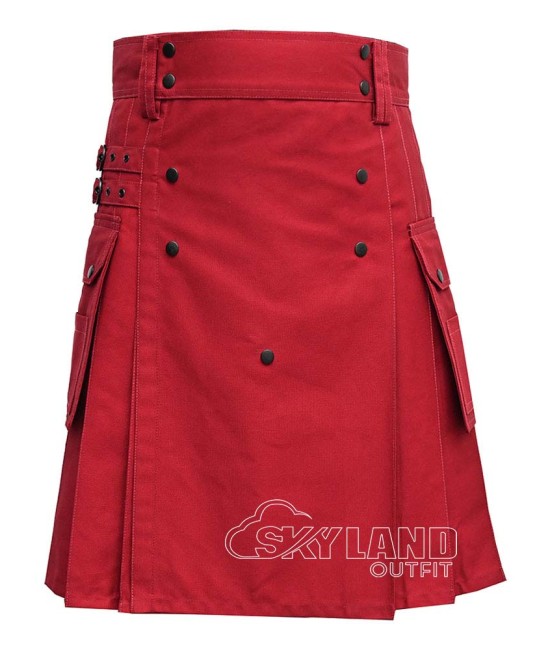 Red Cotton Utility Kilt | Men's Front Button Scottish Kilt