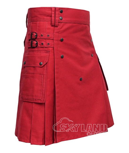 Red Cotton Utility Kilt | Men's Front Button Scottish Kilt