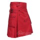 Red Cotton Utility Kilt | Men's Front Button Scottish Kilt