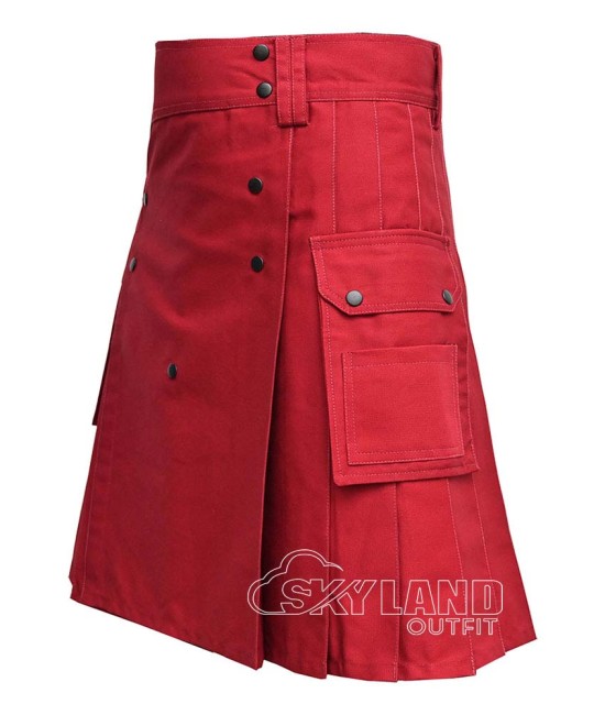 Red Cotton Utility Kilt | Men's Front Button Scottish Kilt