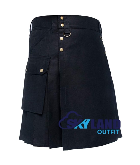 Men's Six Pockets Black Cotton Utility Kilt | Scottish Kilt | Modern Kilt