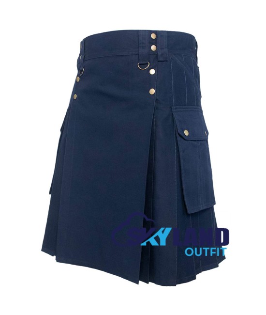 Men's Six Pockets Blue Cotton Utility Kilt | Scottish Kilt | Modern Kilt