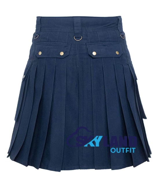 Men's Six Pockets Blue Cotton Utility Kilt | Scottish Kilt | Modern Kilt