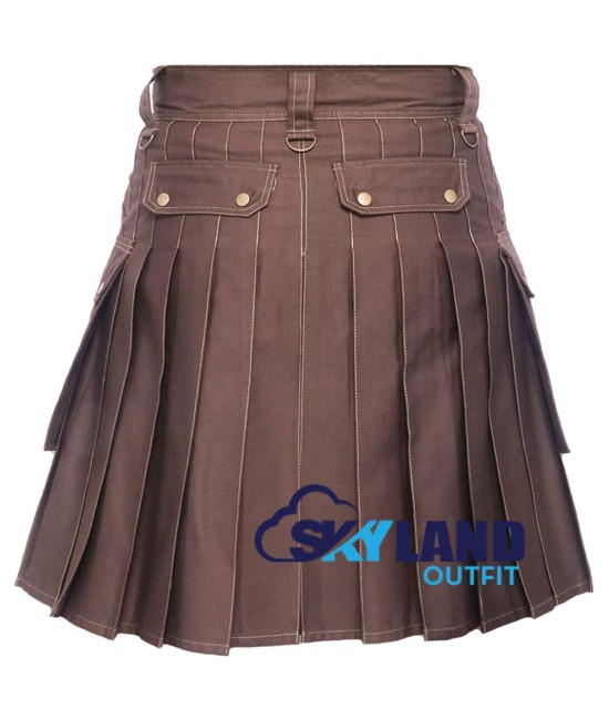 Men's Six Pockets Brown Cotton Utility Kilt | Scottish Kilt | Modern Kilt