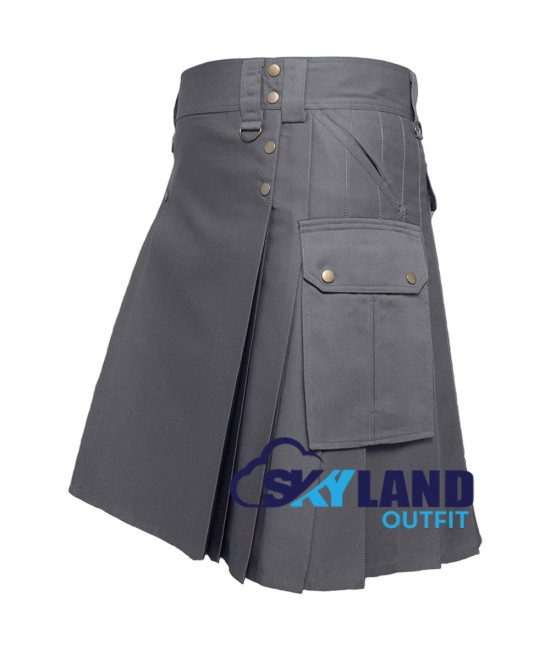 Men's Six Pockets Gray Cotton Utility Kilt | Scottish Kilt | Modern Kilt