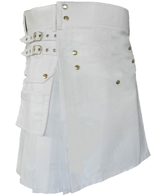 Men's Utility White Cotton Kilt with Front Buttons