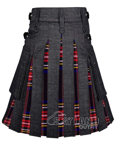 Hybrid Utility Kilts - Black Denim & Black Stewart Tartan Kilt Hybrid Utility Kilts - Black Denim & Black Stewart Tartan Kilt
